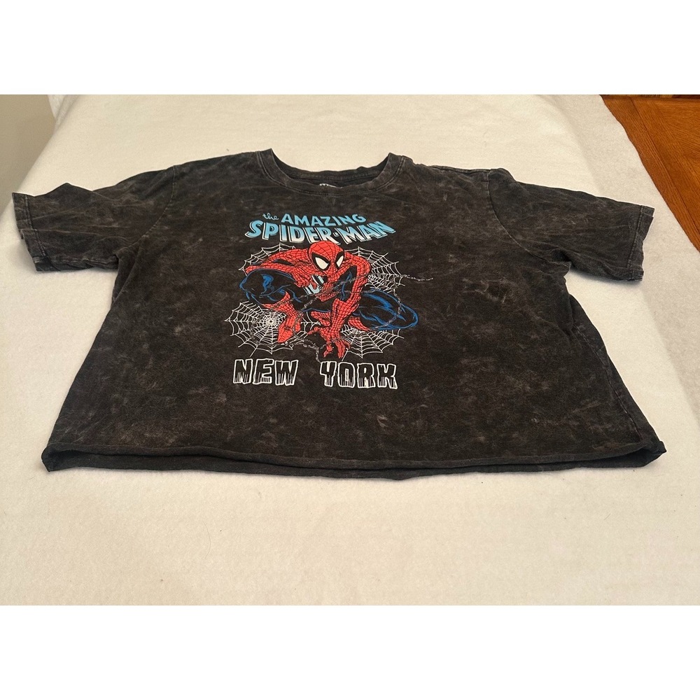 Vintage Marvel Spider Man Mens Graphic T Shirt L Black Acid Wash New York Cotton